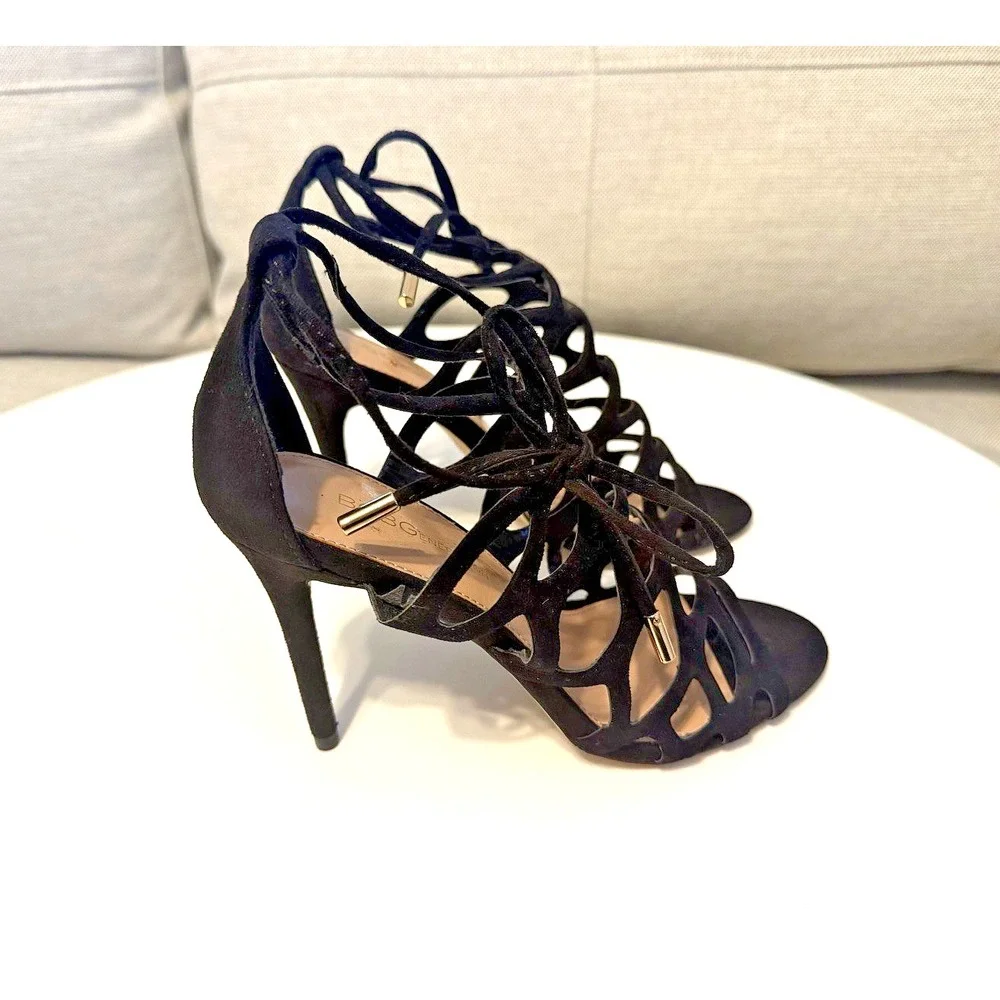 BCBGeneration Faux Suede Black Cutout Strappy Stiletto Heels